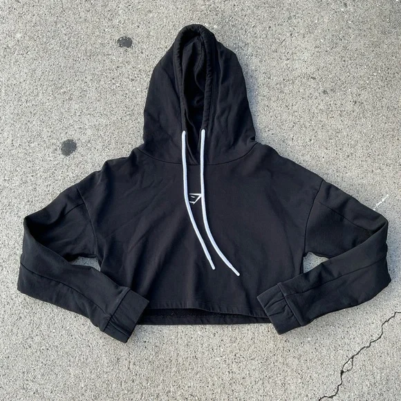 Gymshark Black Cropped Hoodie with White Drawstrings graphic visionary - Picture 3 of 6